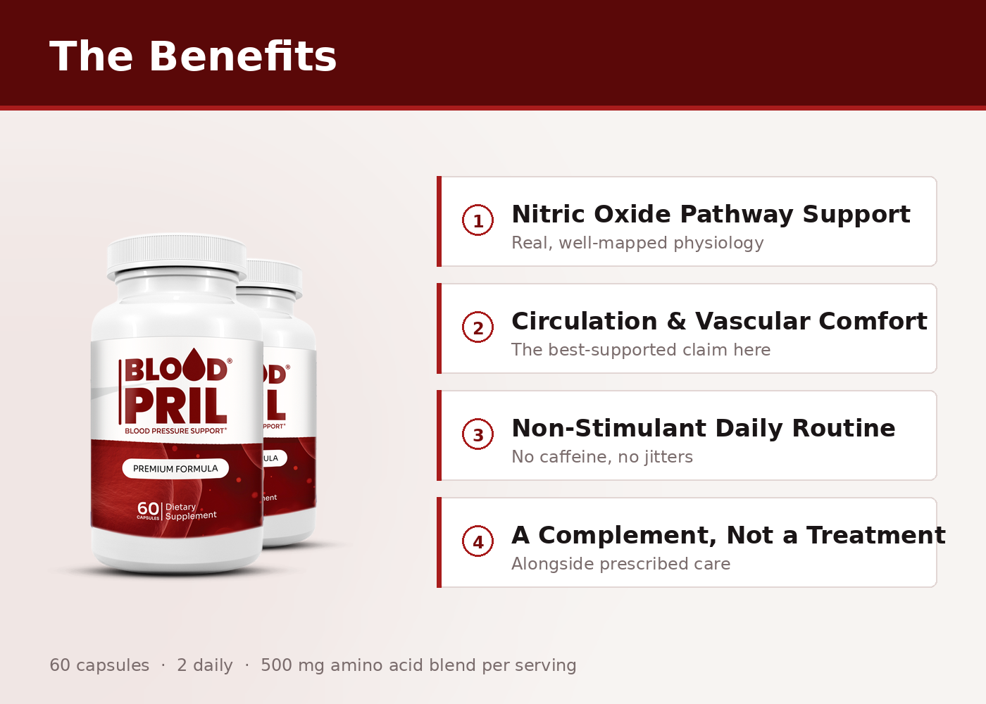 Bloodpril benefits — nitric oxide pathway support, circulation and vascular comfort, non-stimulant daily routine